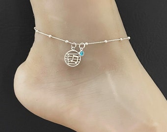 Music Notes Anklet, Sterling Silver Beaded Ankle Bracelet, Music Notes Charm Anklet, Birthstone Ankle Chain, Beach Wedding Anklet