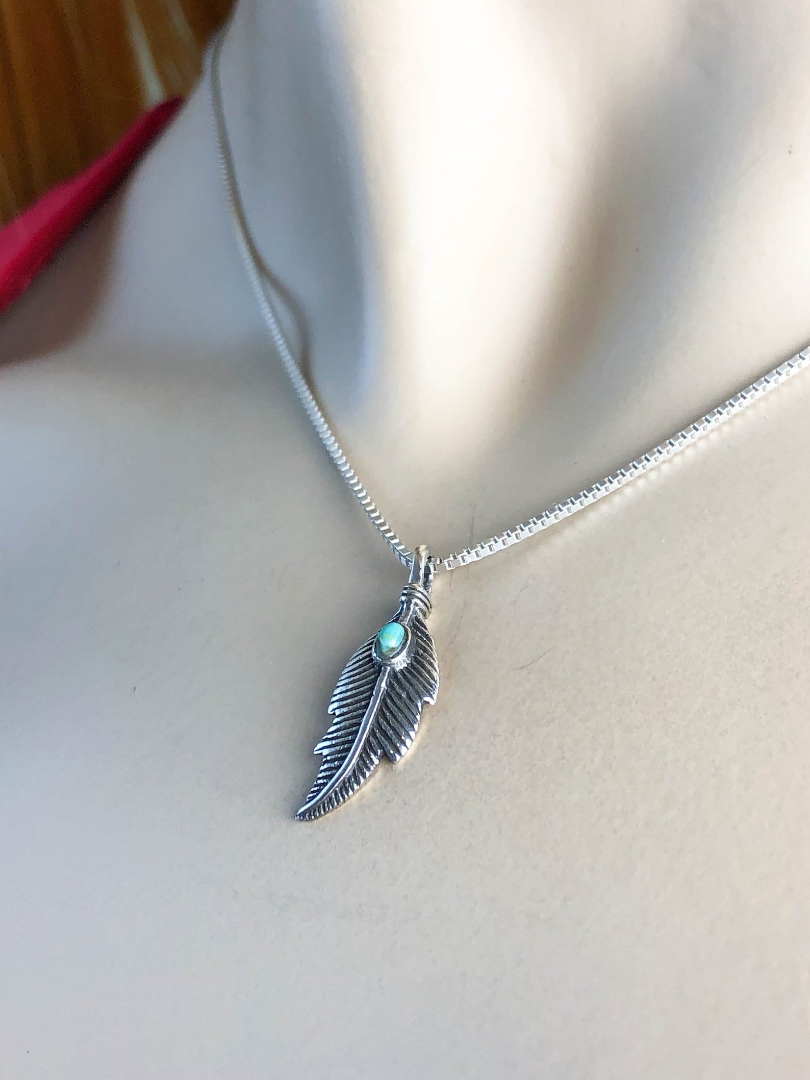 Turquoise Feather Necklace Sterling Silver Feather Necklace Etsy