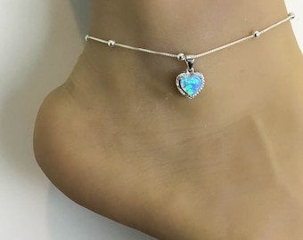 Blue Opal Anklet, Sterling Silver Beaded Ankle Bracelet, Good Luck Charm Jewelry, Fire Opal Charm Anklet, CZ Beach Wedding Anklet Chain