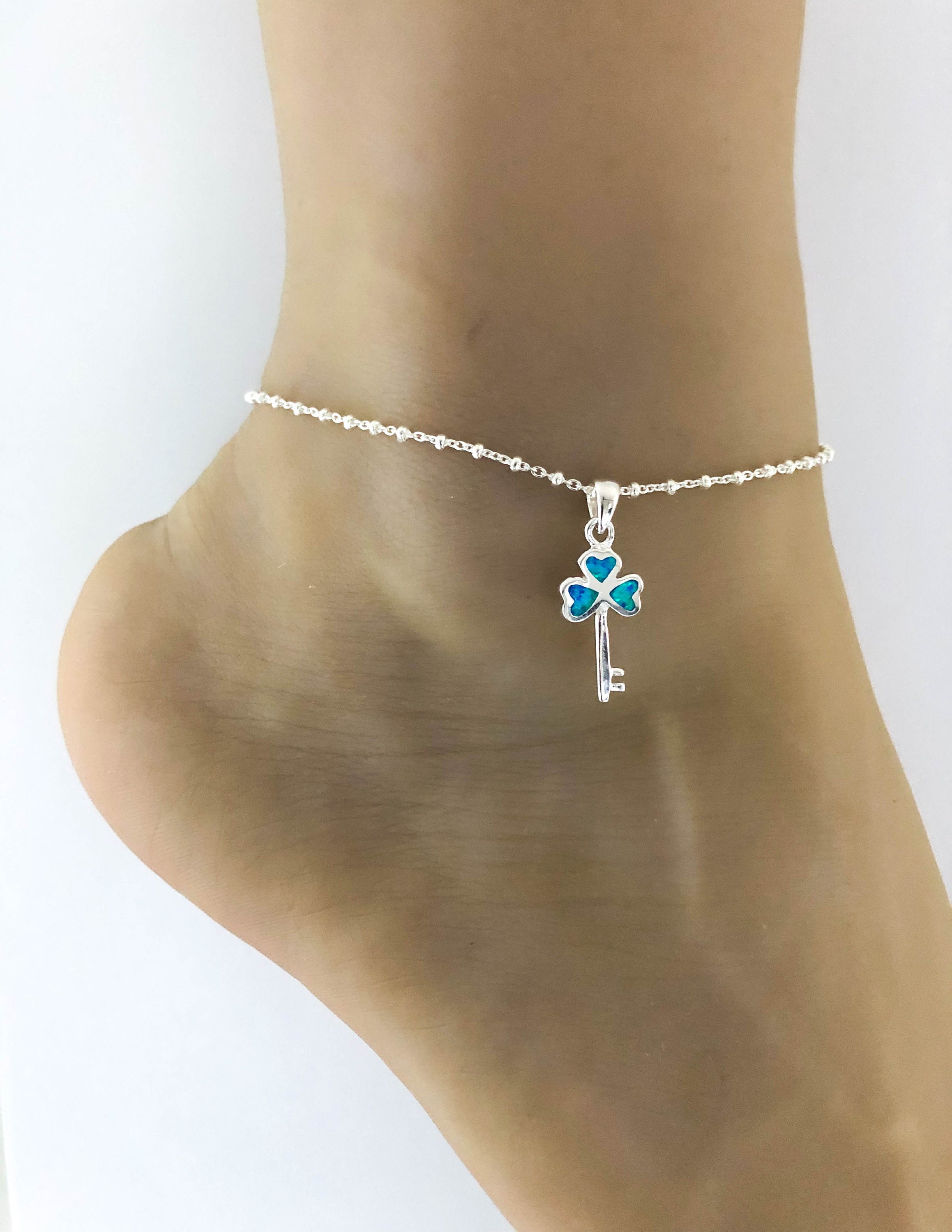 Opal Key Anklet Sterling Silver Beaded Ankle Bracelet Key Etsy