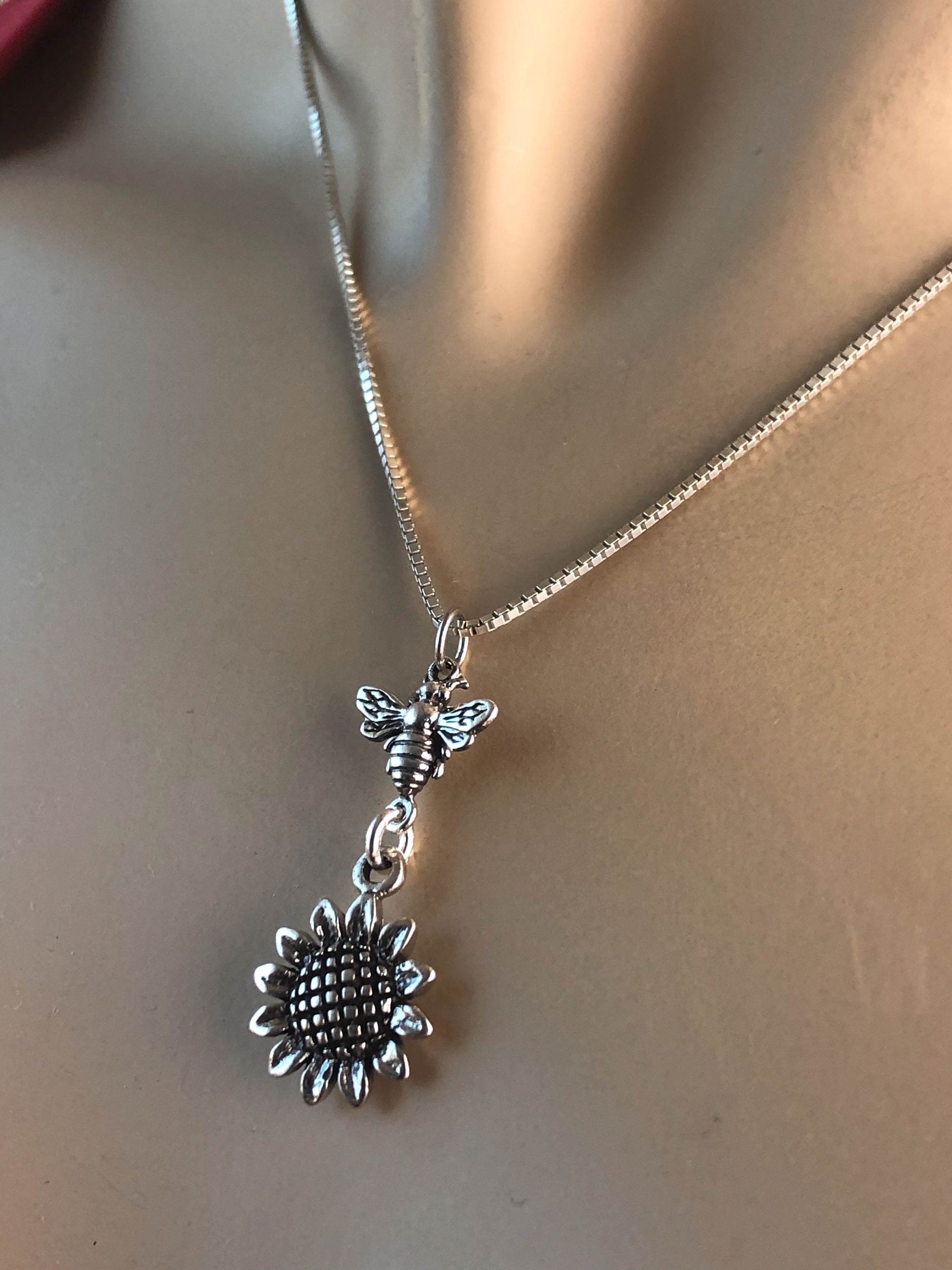 Sunflower Bee Necklace Sterling Silver Sunflower Necklace Etsy