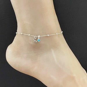 Frog Anklet, Sterling Silver Beaded Ankle Bracelet, Good Luck Charm Jewelry, Birthstone Ankle Chain, Frog Charm, Beach Wedding Jewel