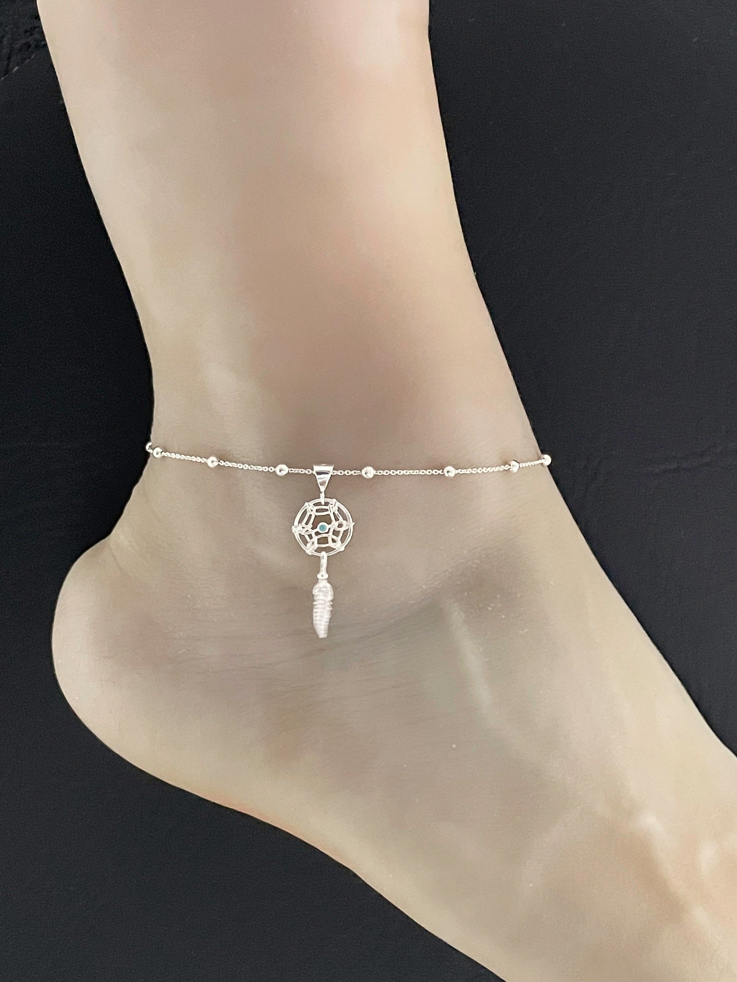 Genuine Turquoise Dreamcatcher Anklet, Sterling Silver Beaded