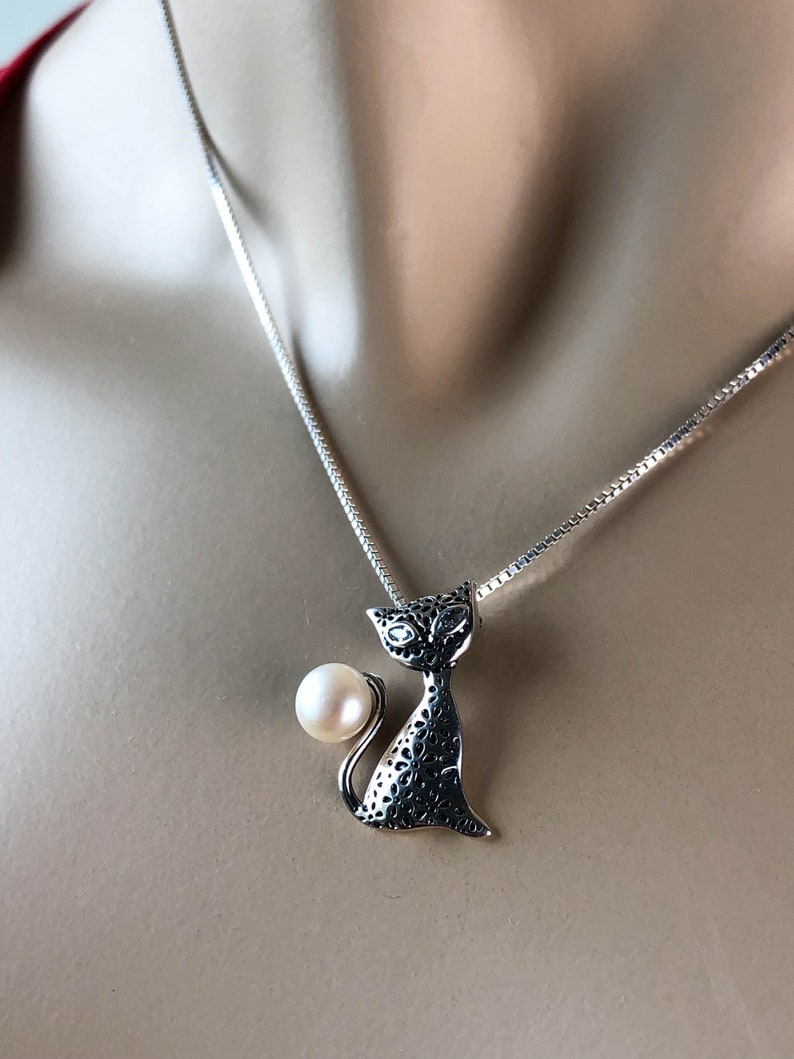 Cat Necklace Sterling Silver Cat Pearl Necklace Cat Charm - Etsy
