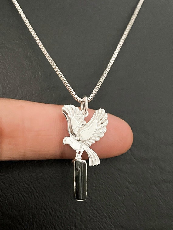 Genuine Black Tourmaline Bird Necklace Sterling Silver Black