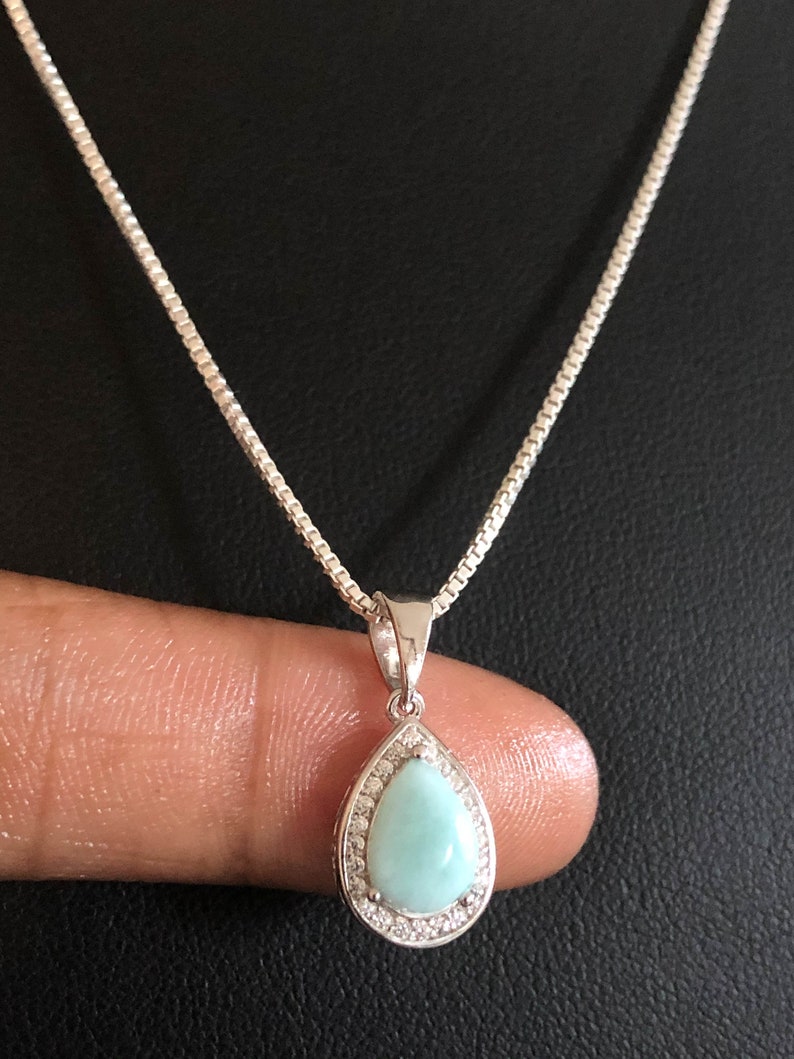 Genuine Larimar Necklace April Birthstone Jewelry March Birthstone Jewelry CZ Bridal Wedding Necklace Sterling Silver Larimar Pendant