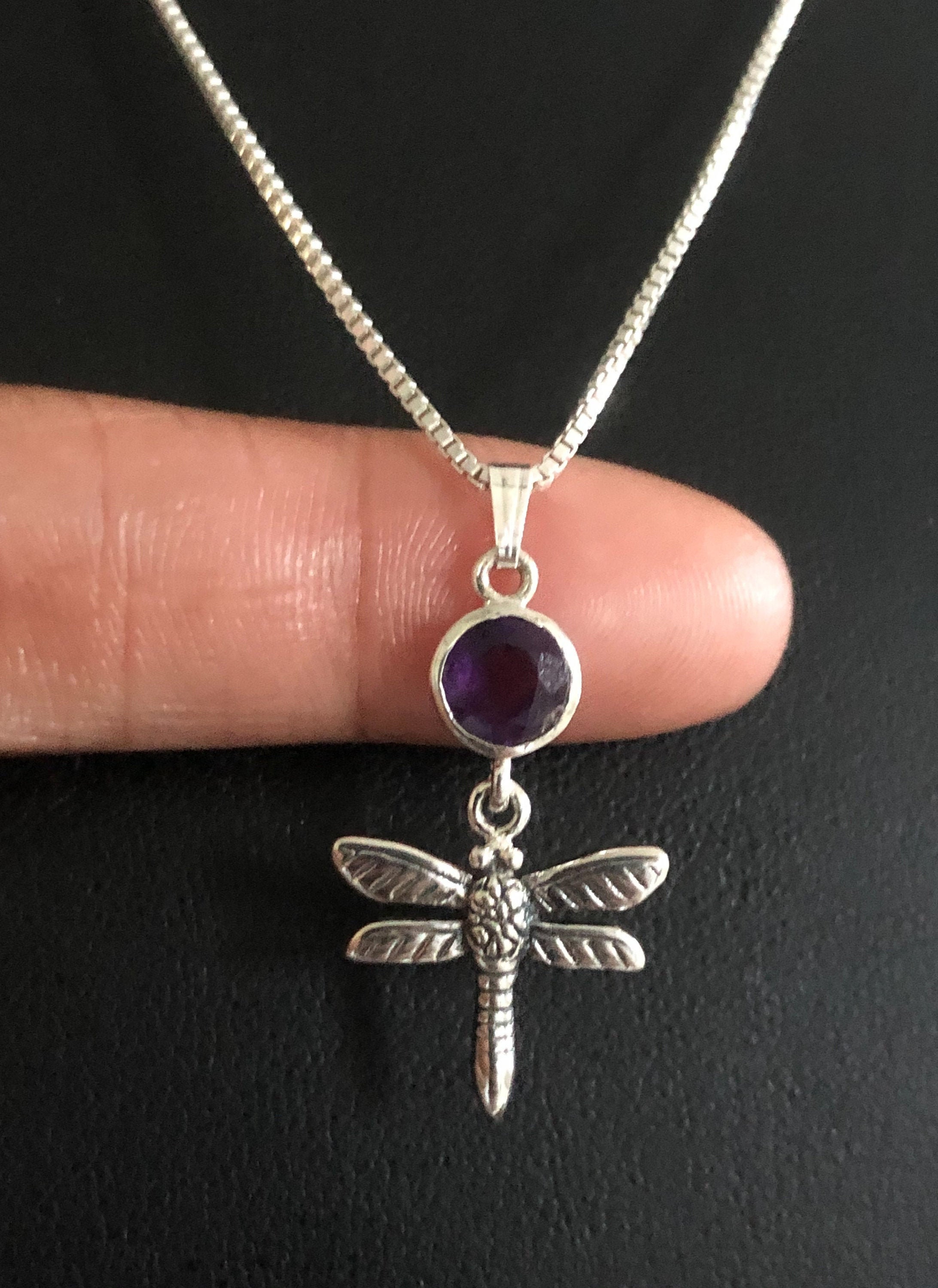 Genuine Amethyst Dragonfly Necklace Sterling Silver Dragonfly