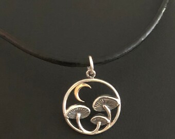 Mushroom Necklace, Sterling Silver Mushroom Pendant, Black
