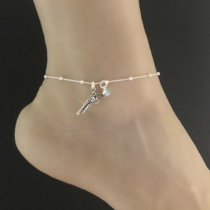 Rifle Anklet, Sterling Silver Beaded Ankle Bracelet, Rifle Charm Anklet, Birthstone, Birthstone Ankle Chain, Beach Wedding Ankle Chain