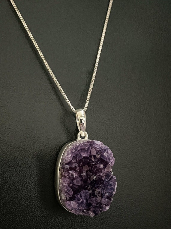Genuine Raw Amethyst Geode Necklace Sterling Silver Amethyst