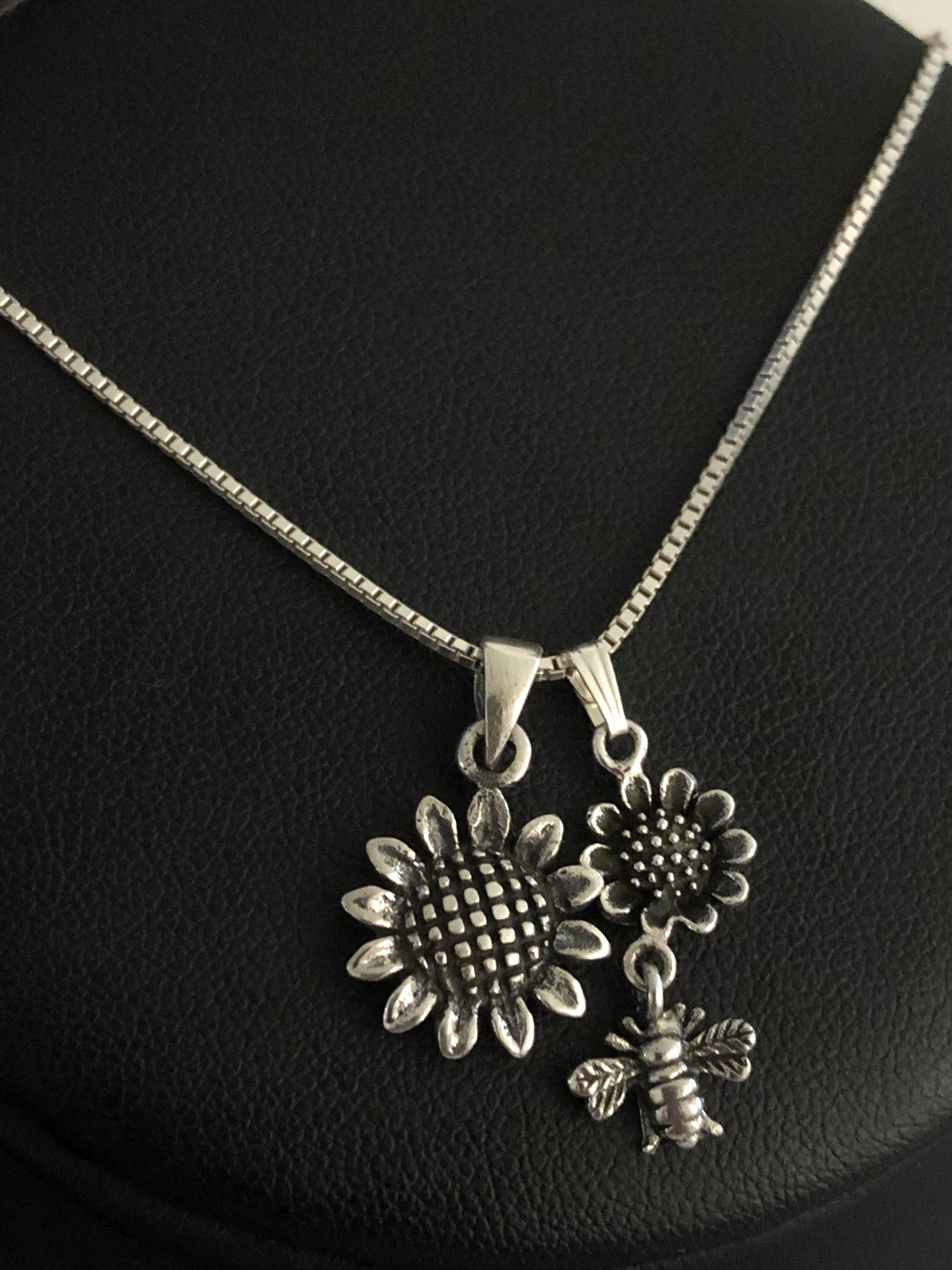 Sunflower Bee Necklace Sterling Silver Sunflower Necklace Etsy