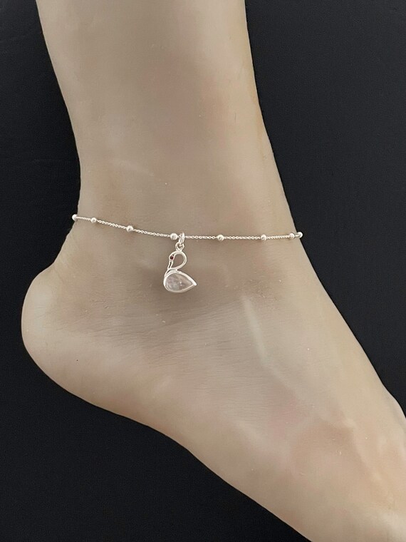 Genuine Rainbow Moonstone Swan Anklet, Sterling Silver Beaded