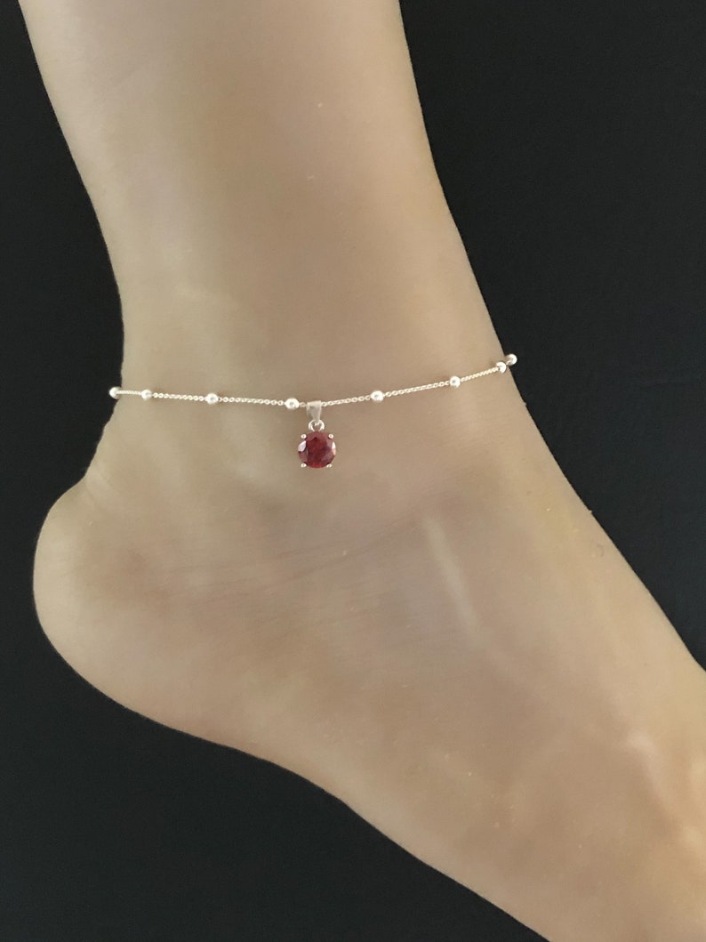 Beach Wedding Ankle Chain Garnet Charm Anklet Good Luck Charm Jewelry Sterling Silver Beaded Ankle Bracelet Garnet Anklet