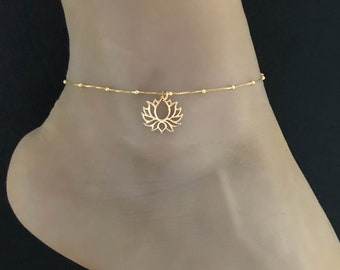 Gold Lotus Flower Anklet, Gold Plated over Sterling Silver Beaded Ankle Bracelet, Good Luck Charm, Dainty Bronze Lotus Charm, Beach Anklet