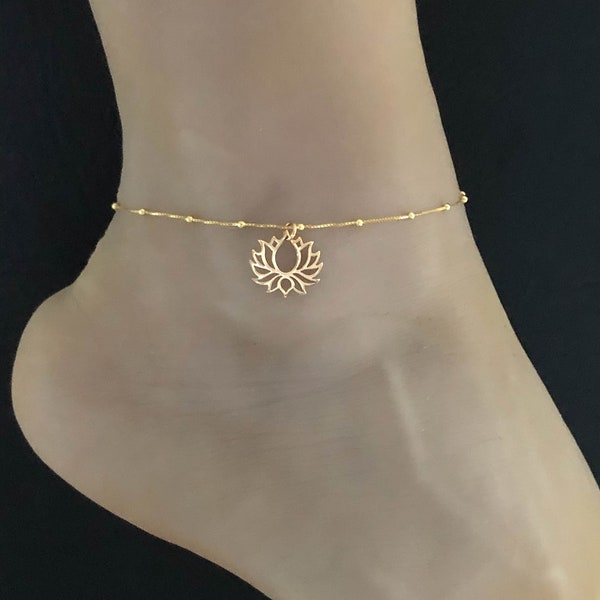 Gold Lotus Flower Anklet, Gold Plated over Sterling Silver Beaded Ankle Bracelet, Good Luck Charm, Dainty Bronze Lotus Charm, Beach Anklet