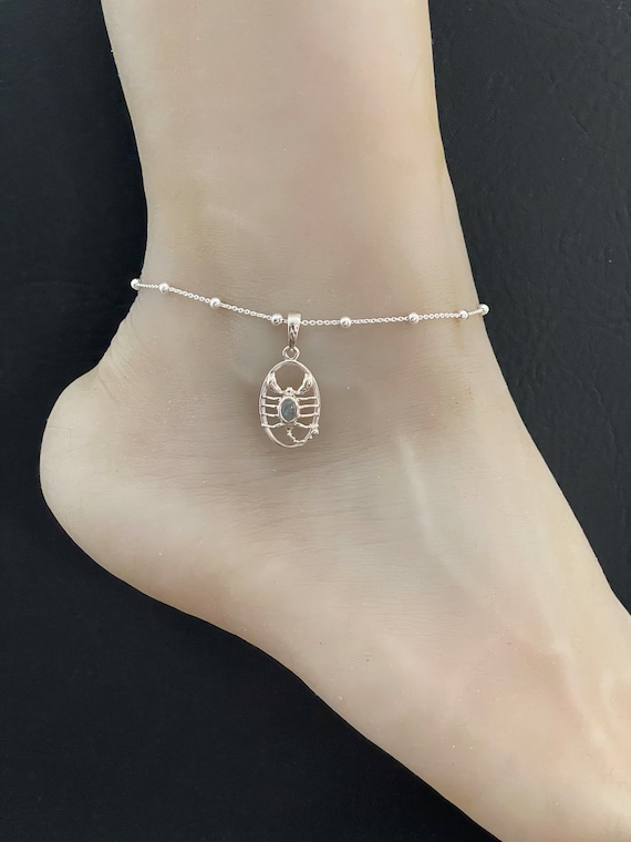 Genuine Labradorite Scorpion Anklet, Sterling Silver Beaded Ankle