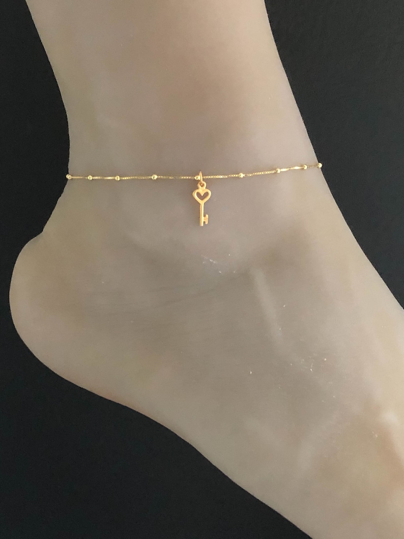 Gold Heart Key Anklet Gold Plated Over Sterling Silver Beaded Etsy