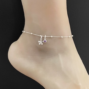 Flower Anklet, Sterling Silver Beaded Ankle Bracelet, Good Luck Charm Jewelry, Flower Charm, Birthstone Ankle Chain, Beach Wedding Anklet