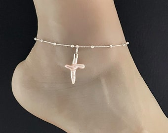 Natural Freshwater Pearl Anklet, Sterling Silver Beaded Ankle Bracelet, Pearl Formed Cross Charm, Mother Of Pearl Jewelry, Beach wedding
