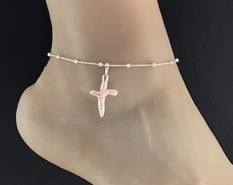 Fotlänk i naturlig sötvattenspärla, fotledsarmband i sterlingsilver med pärlor, pärlformat kors, smycken med pärlemor, strandbröllop