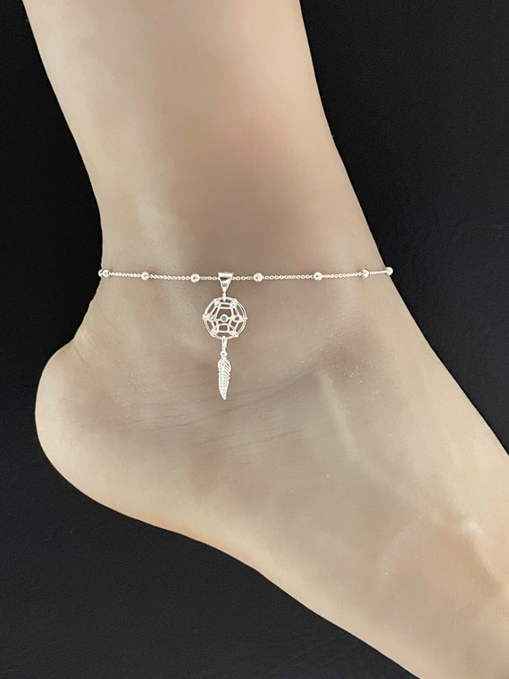 Genuine Turquoise Dreamcatcher Anklet, Sterling Silver Beaded