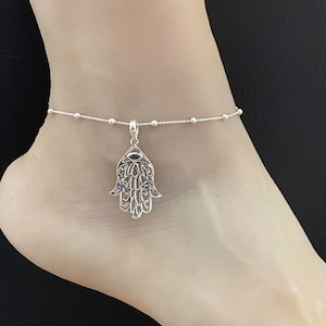 Genuine Iolite Hamsa Anklet, Sterling Silver Beaded Ankle Bracelet, Good Luck Charm, Protection Anklet, Hand of Fatima, September Birthstone