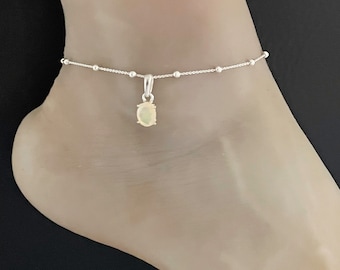 Genuine Ethiopian Opal Anklet, Sterling Silver Beaded Anklet Bracelet, Good Luck Charm Jewelry, Dainty Fire Opal Anklet, October Birthstone