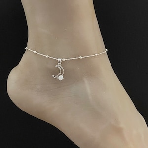 White Opal Moon Anklet, Sterling Silver Beaded Ankle Bracelet, Celtic Anklet, Anklet Silver Charm, October Birthstone Jewelry, Beach Anklet