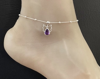 Tobillera de ángel de amatista natural, pulsera de tobillo con cuentas de plata de ley, tobillera de ángel guardián, joyería de piedra de nacimiento de febrero, joyería conmemorativa