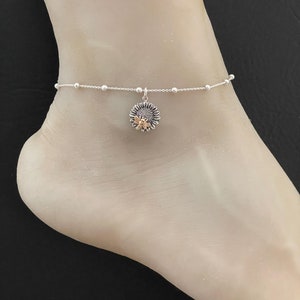 Bumblebee Sunflower Anklet, Sterling Silver Beaded Ankle Bracelet, Good Luck Charm Jewelry, Boho Foot Jewelry, Sunflower Charm Anklet Chain