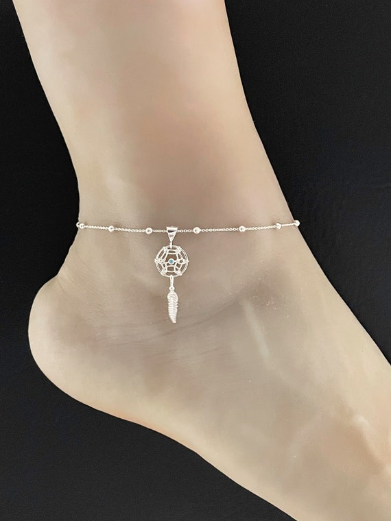 Genuine Turquoise Dreamcatcher Anklet, Sterling Silver Beaded