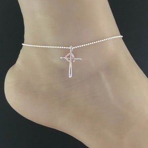 Cross Heart Anklet, Sterling Silver Beaded Ankle Bracelet, Good Luck Charm Jewelry, Cross Charm Anklet, CZ Cross Jewelry, Anklet Chain