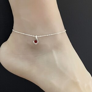 Garnet Anklet, Sterling Silver Beaded Ankle Bracelet, Good Luck Charm Jewelry, Garnet Charm Anklet, Beach Wedding Ankle Chain