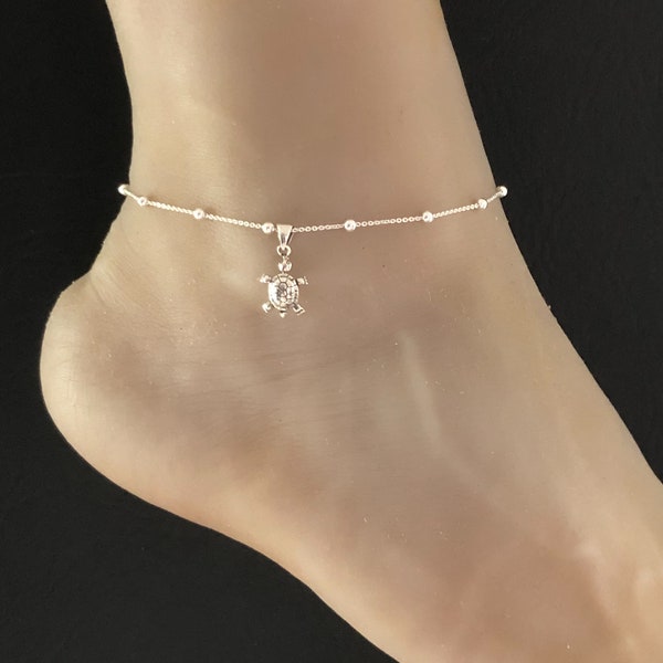 Turtle Anklet, Sterling Silver Beaded Ankle Bracelet, Good Luck Charm Jewelry, Baby Sea Turtle Anklet, Hatching Turtle Ankle Chain