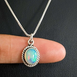Ethiopian Opal Pendant, Genuine White Opal Necklace, October Birthstone, Sterling Silver Fire Opal Pendant, Natural Gemstone Necklace