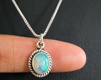 Ethiopian Opal Pendant, Genuine White Opal Necklace, October Birthstone, Sterling Silver Fire Opal Pendant, Natural Gemstone Necklace