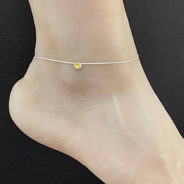 Citrine Anklet, Sterling Silver Snake Ankle Bracelet, Citrine Charm Anklet, Beach Wedding Anklet, Barefoot Jewelry, November Birthstone