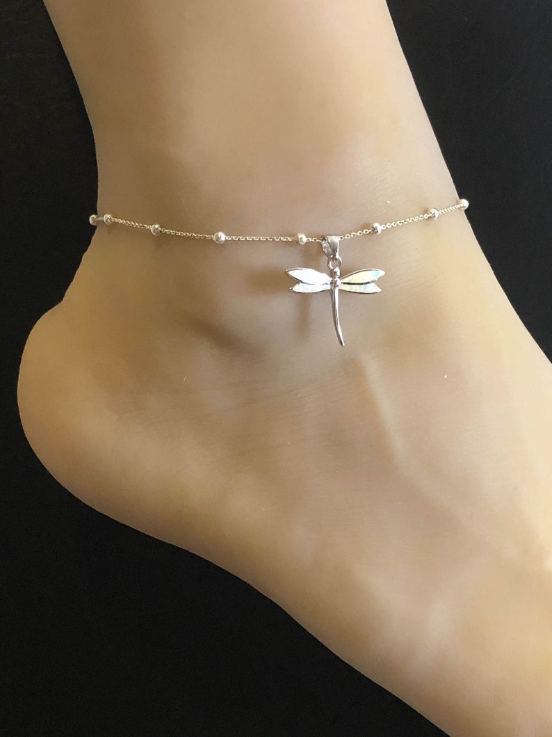 Sterling Silver Beaded Ankle Bracelet Dainty Dragonfly Charm Anklet Chain Good Luck Charm Jewelry White Opal Dragonfly Anklet