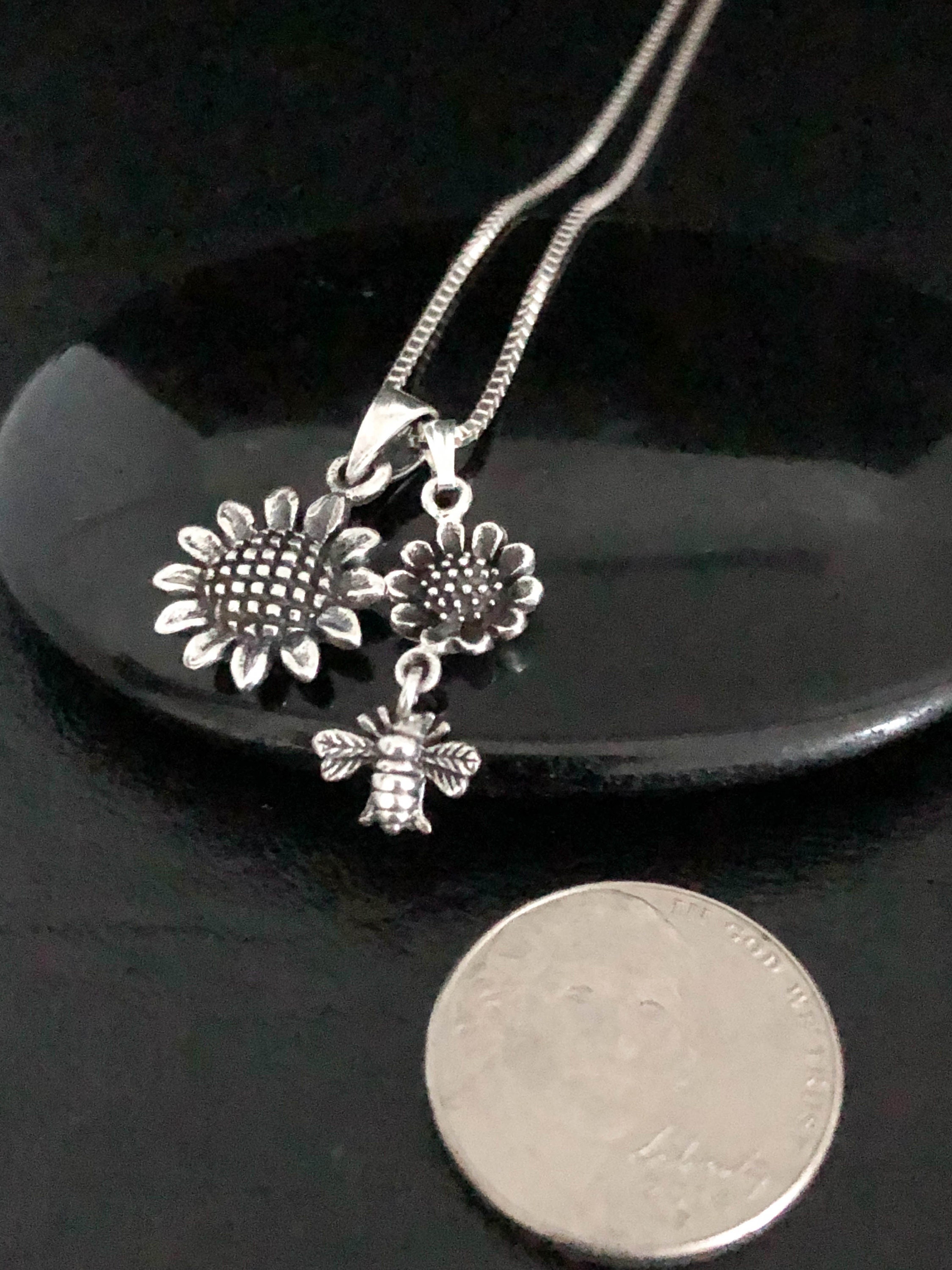 Sunflower Bee Necklace Sterling Silver Sunflower Necklace Etsy