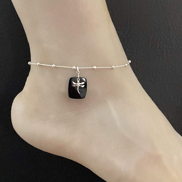 Genuine Black Onyx Dragonfly Anklet, Sterling Silver Beaded Ankle Bracelet, Lucky Charm Jewelry, Dragonfly Charm, Beach Wedding Ankle Chain