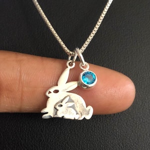 Mama and Baby Bunny Necklace, Sterling Silver Bunny Rabbit Pendant, Rabbit Charm Jewelry, Family Birthstone Jewelry, Bridal Wedding Necklace