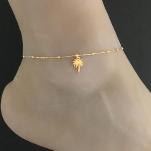 Gold Palm Tree Anklet, Gold Plated over Sterling Silver Beaded Ankle Bracelet, Good Luck Charm Jewelry, Palm Tree Charm Anklet, Beach Anklet