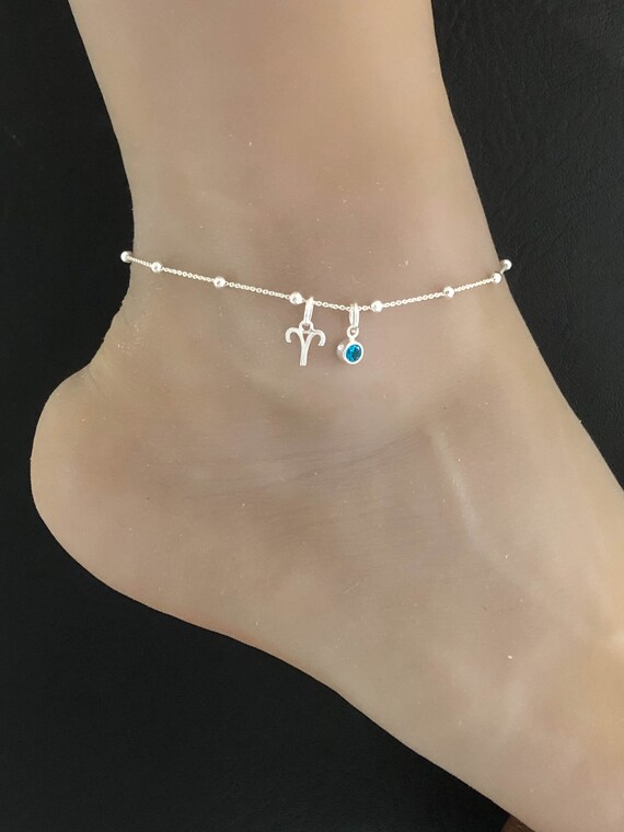 Petite Aries Anklet Sterling Silver Beaded Ankle Bracelet March