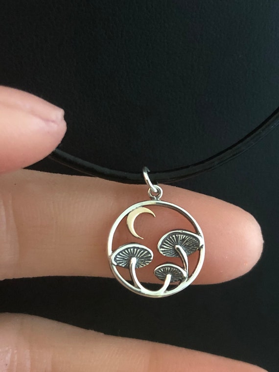 Mushroom Necklace, Sterling Silver Mushroom Pendant, Black Genuine Greek Leather Cord Necklace, Two-Tone Moon Pendant, 2MM/3MM Leather Cord