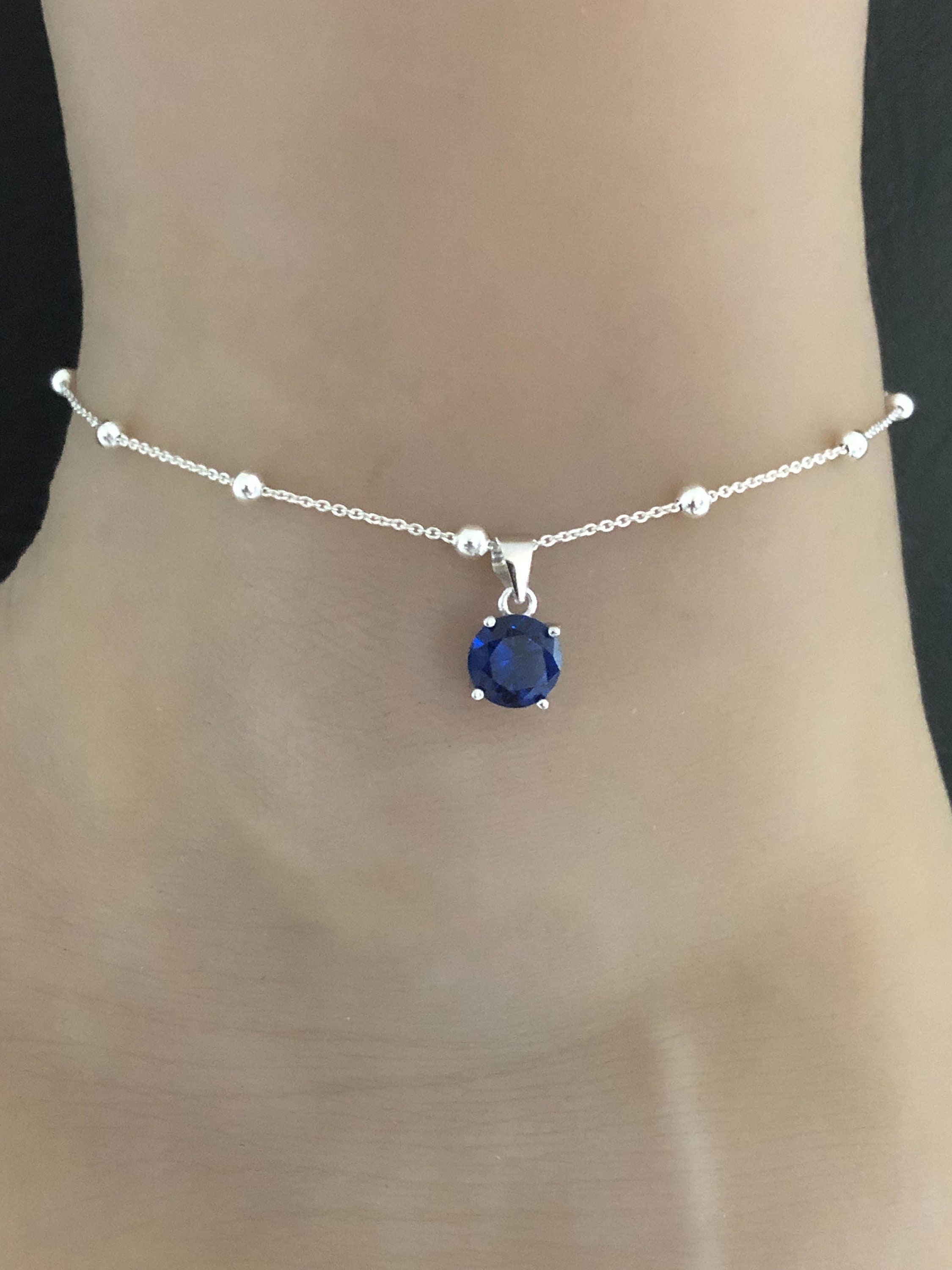 Blue Sapphire Anklet Sterling Silver Beaded Ankle Bracelet Etsy