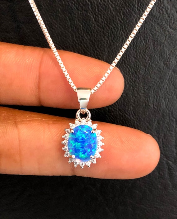 Blue Fire Opal Necklace Sterling Silver 