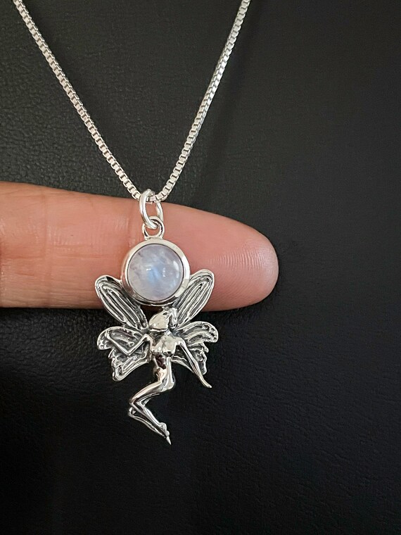 Natural Rainbow Moonstone Fairy Necklace, Sterling Silver