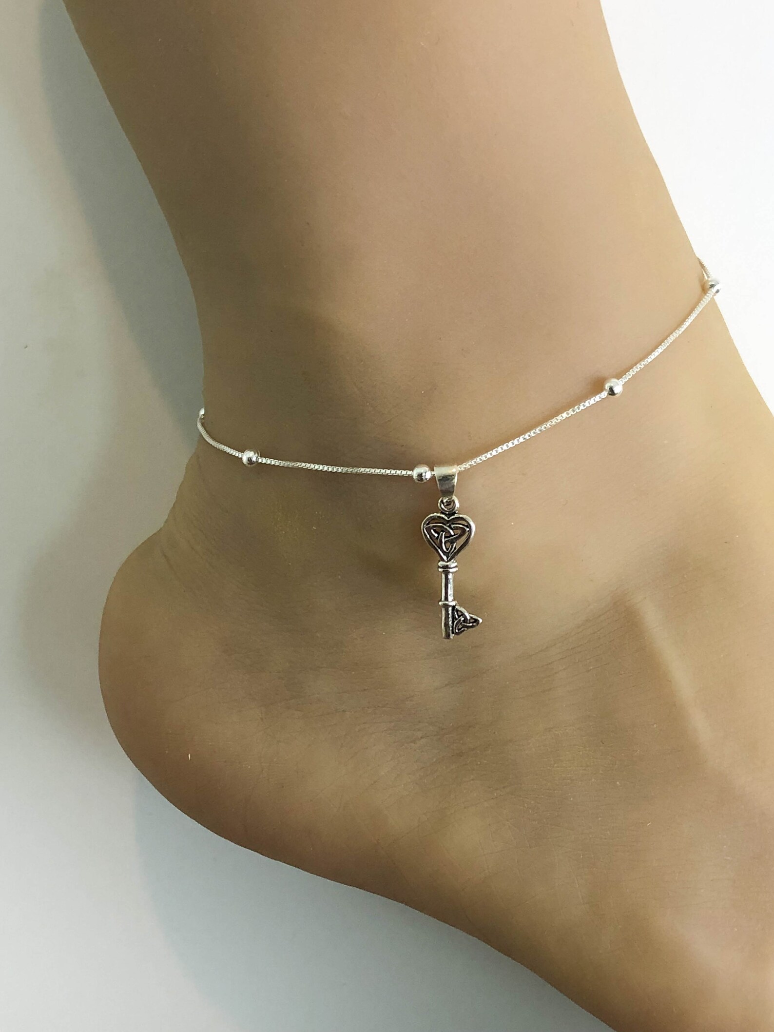 Small Key Anklet Sterling Silver Beaded Ankle Bracelet Good Etsy