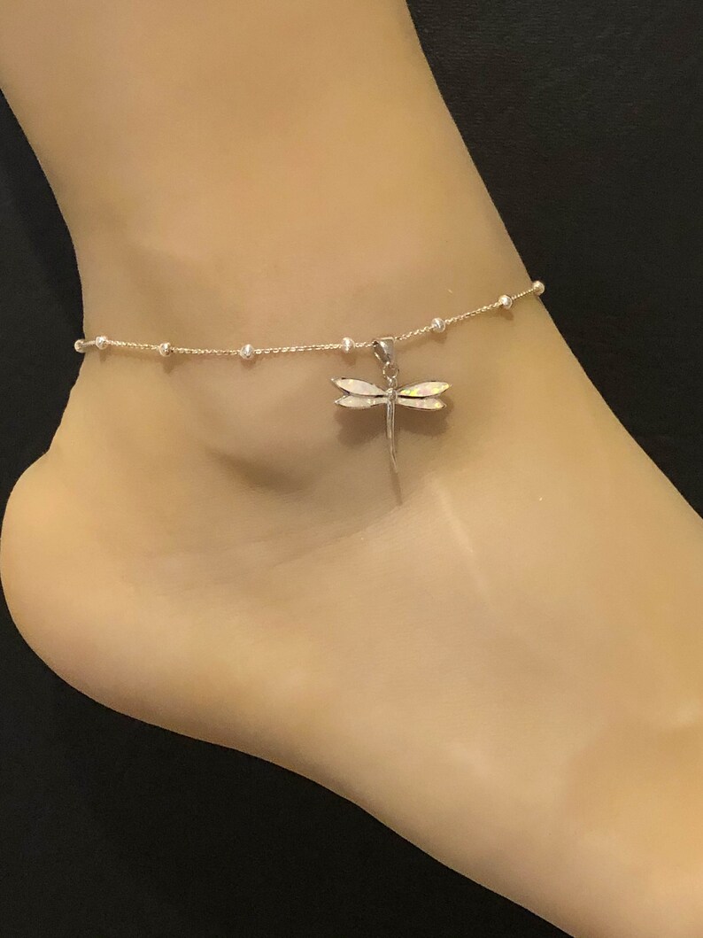 Sterling Silver Beaded Ankle Bracelet Dainty Dragonfly Charm Anklet Chain Good Luck Charm Jewelry White Opal Dragonfly Anklet