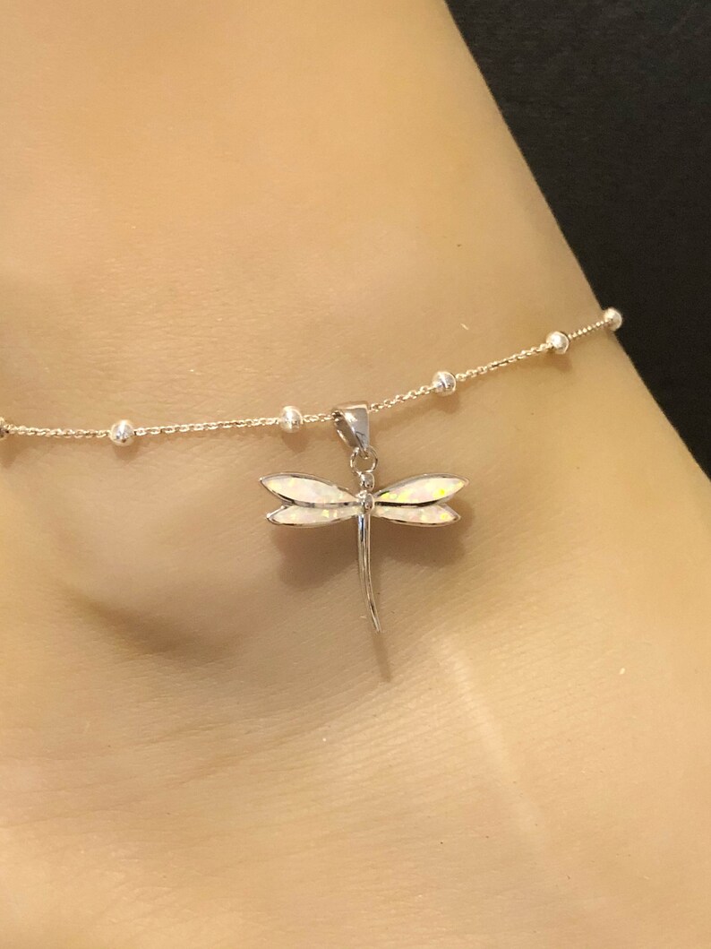 Sterling Silver Beaded Ankle Bracelet Dainty Dragonfly Charm Anklet Chain Good Luck Charm Jewelry White Opal Dragonfly Anklet